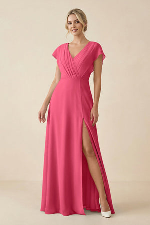 V - Neck Cap Sleeve Chiffon Bridesmaid Dress with Cut - out Back in Fuchsia - SHE IS ME Bridesmaid Dresses