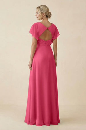 V - Neck Cap Sleeve Chiffon Bridesmaid Dress with Cut - out Back in Fuchsia - SHE IS ME Bridesmaid Dresses