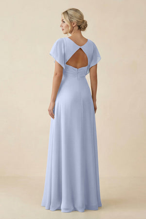 V - Neck Cap Sleeve Chiffon Bridesmaid Dress with Cut - out Back in Ice - SHE IS ME Bridesmaid Dresses