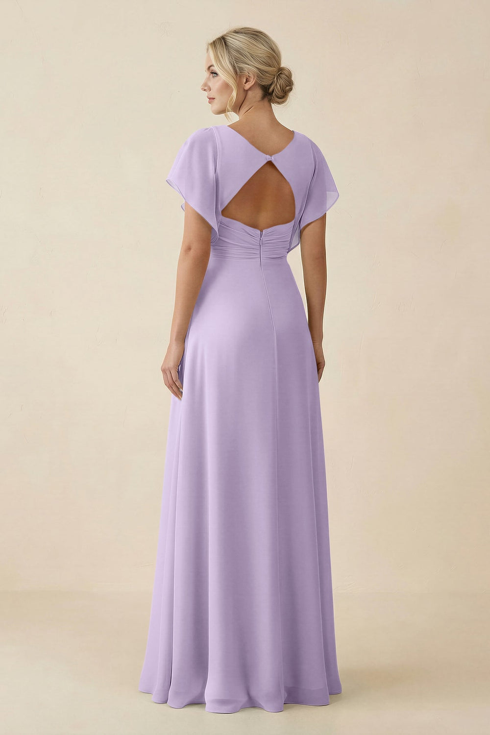 V - Neck Cap Sleeve Chiffon Bridesmaid Dress with Cut - out Back in Lavender - SHE IS ME Bridesmaid Dresses