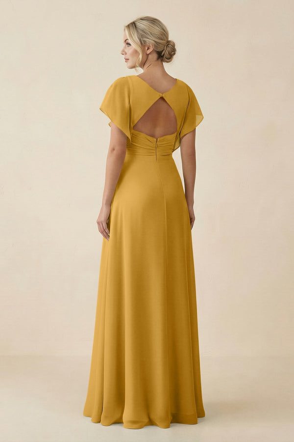 V - Neck Cap Sleeve Chiffon Bridesmaid Dress with Cut - out Back in Marigold - SHE IS ME Bridesmaid Dresses