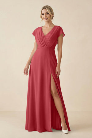 V - Neck Cap Sleeve Chiffon Bridesmaid Dress with Cut - out Back in Merlot - SHE IS ME Bridesmaid Dresses