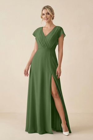 V - Neck Cap Sleeve Chiffon Bridesmaid Dress with Cut - out Back in Moss - SHE IS ME Bridesmaid Dresses