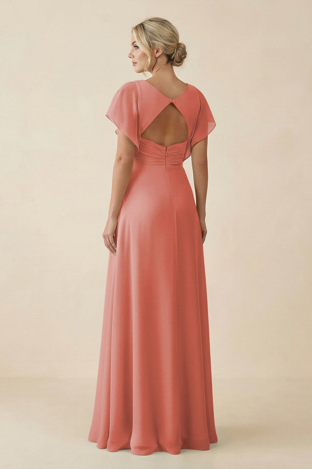 V - Neck Cap Sleeve Chiffon Bridesmaid Dress with Cut - out Back in Mulberry - SHE IS ME Bridesmaid Dresses
