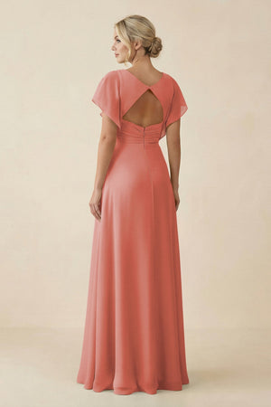 V - Neck Cap Sleeve Chiffon Bridesmaid Dress with Cut - out Back in Mulberry - SHE IS ME Bridesmaid Dresses