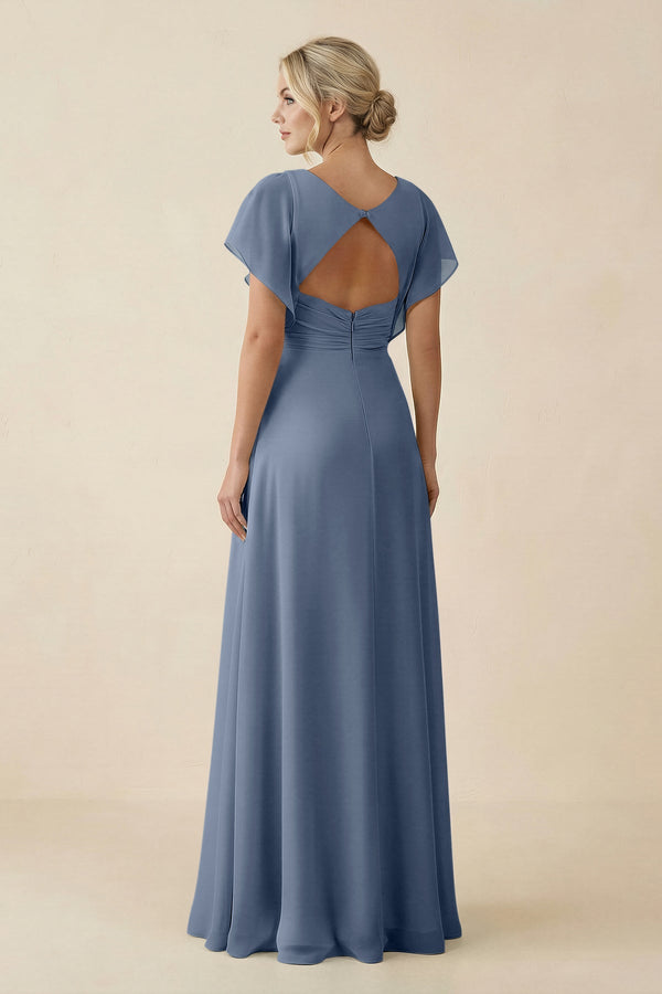 V - Neck Cap Sleeve Chiffon Bridesmaid Dress with Cut - out Back in Neptune - SHE IS ME Bridesmaid Dresses