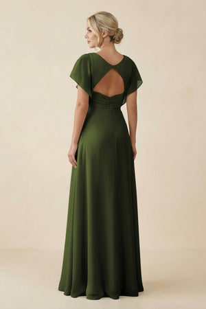 V - Neck Cap Sleeve Chiffon Bridesmaid Dress with Cut - out Back in Olive - SHE IS ME Bridesmaid Dresses