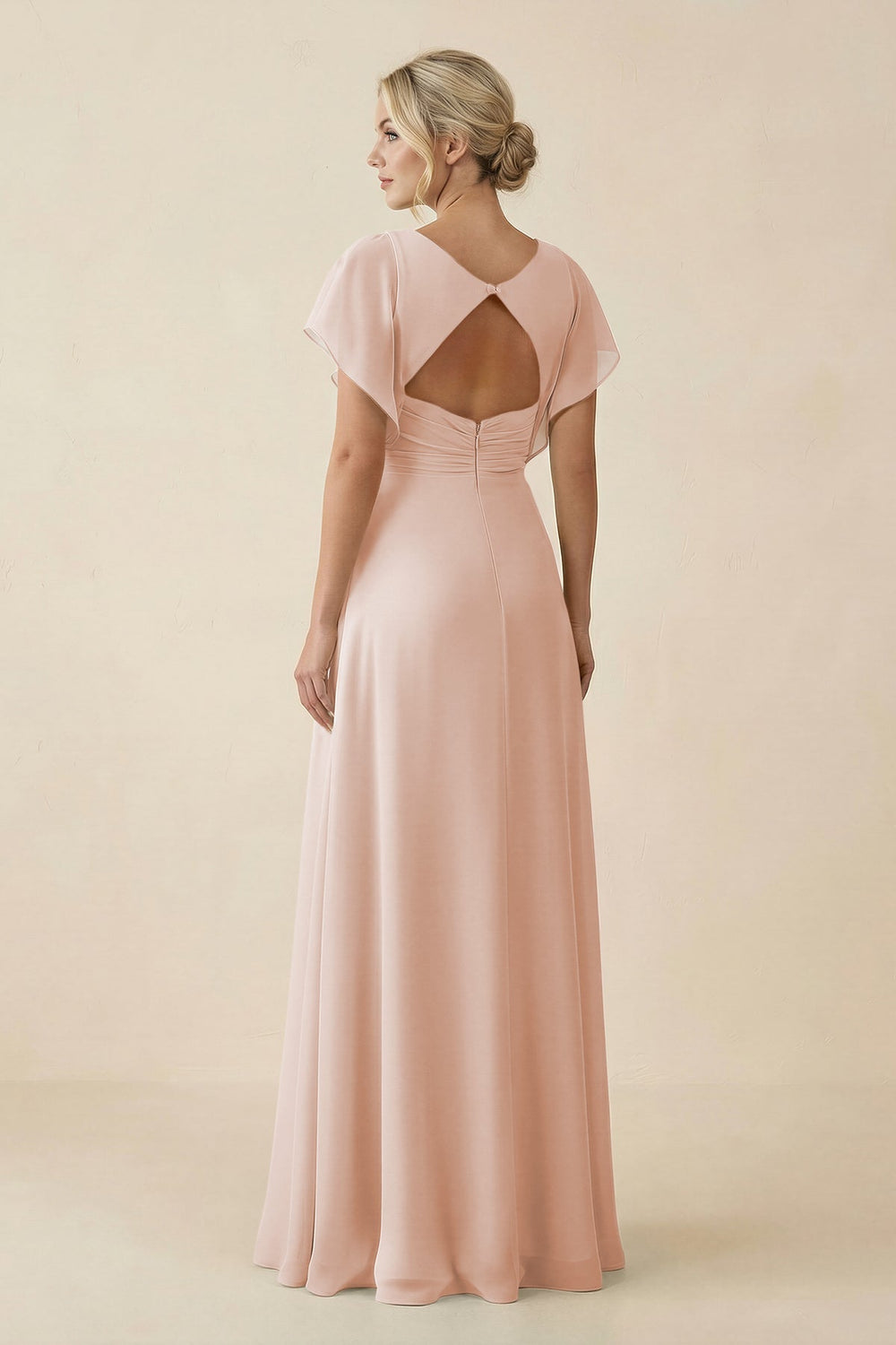 V - Neck Cap Sleeve Chiffon Bridesmaid Dress with Cut - out Back in Pale Blush - SHE IS ME Bridesmaid Dresses