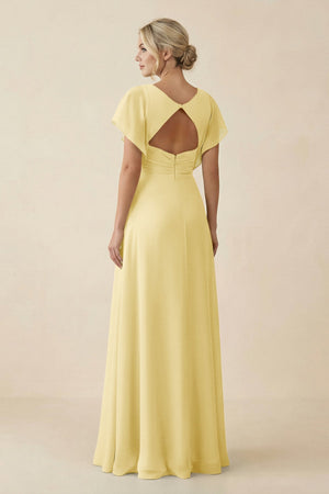 V - Neck Cap Sleeve Chiffon Bridesmaid Dress with Cut - out Back in Pastel Yellow - SHE IS ME Bridesmaid Dresses