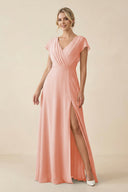 V - Neck Cap Sleeve Chiffon Bridesmaid Dress with Cut - out Back in Rose Petal - SHE IS ME Bridesmaid Dresses
