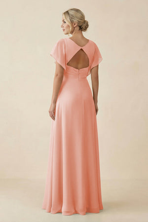 V - Neck Cap Sleeve Chiffon Bridesmaid Dress with Cut - out Back in Rose Petal - SHE IS ME Bridesmaid Dresses