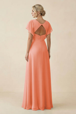V - Neck Cap Sleeve Chiffon Bridesmaid Dress with Cut - out Back in Rosette - SHE IS ME Bridesmaid Dresses