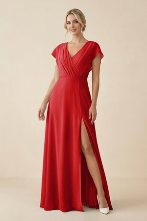 V - Neck Cap Sleeve Chiffon Bridesmaid Dress with Cut - out Back in Ruby Red - SHE IS ME Bridesmaid Dresses