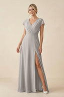 V - Neck Cap Sleeve Chiffon Bridesmaid Dress with Cut - out Back in Silver - SHE IS ME Bridesmaid Dresses