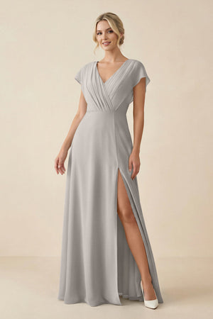 V - Neck Cap Sleeve Chiffon Bridesmaid Dress with Cut - out Back in Silver - SHE IS ME Bridesmaid Dresses