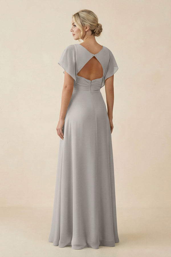 V - Neck Cap Sleeve Chiffon Bridesmaid Dress with Cut - out Back in Silver - SHE IS ME Bridesmaid Dresses