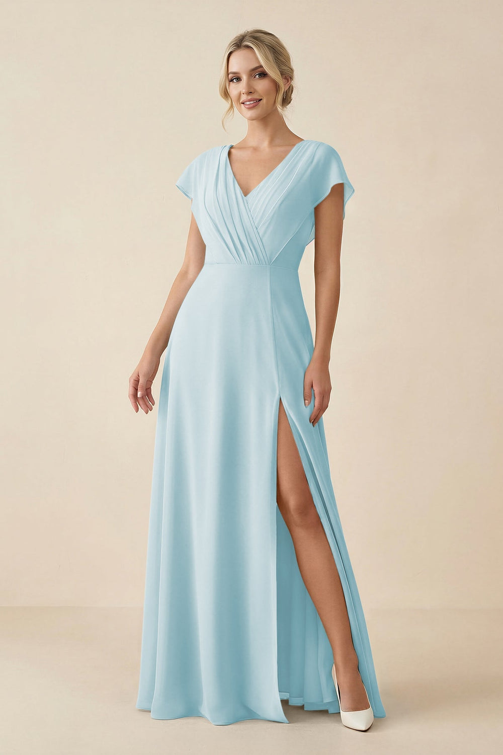 V - Neck Cap Sleeve Chiffon Bridesmaid Dress with Cut - out Back in Sky Blue - SHE IS ME Bridesmaid Dresses