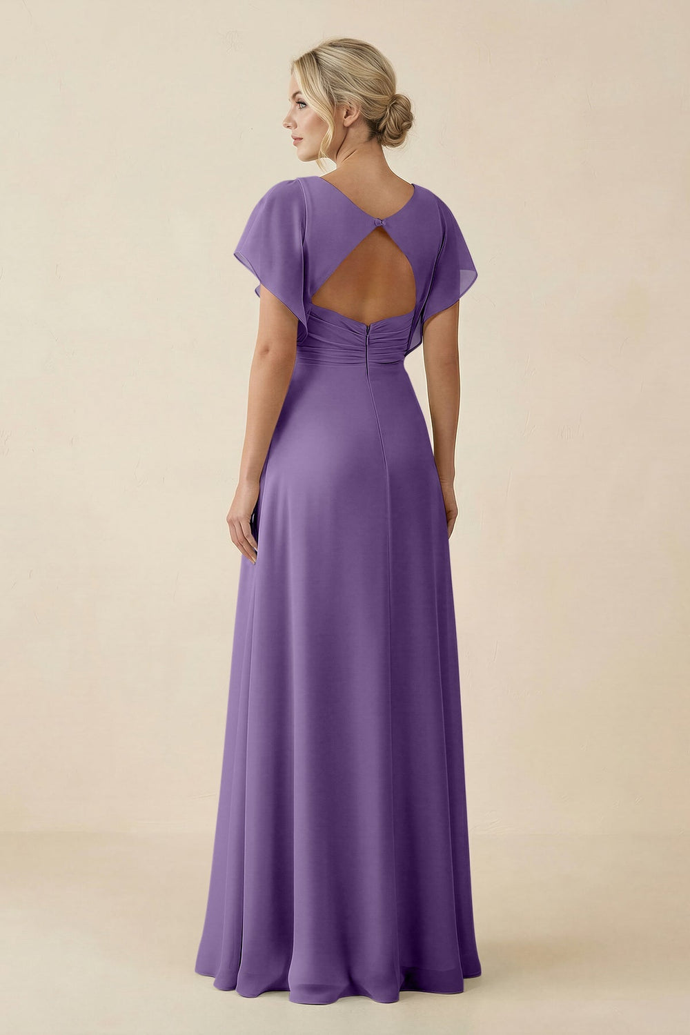 V - Neck Cap Sleeve Chiffon Bridesmaid Dress with Cut - out Back in Tahiti - SHE IS ME Bridesmaid Dresses