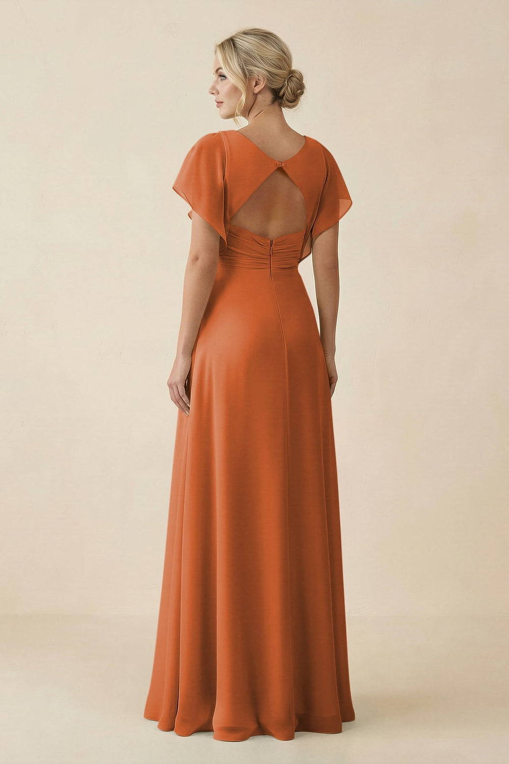 V - Neck Cap Sleeve Chiffon Bridesmaid Dress with Cut - out Back in Terracotta - SHE IS ME Bridesmaid Dresses