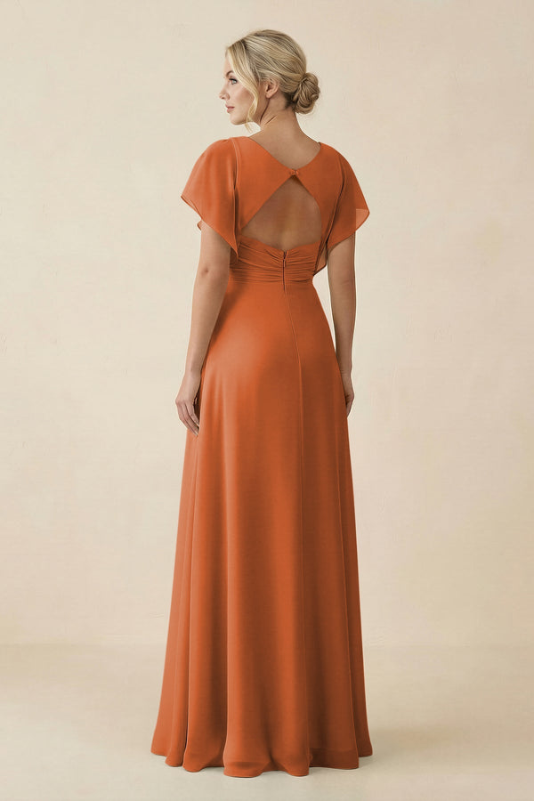 V - Neck Cap Sleeve Chiffon Bridesmaid Dress with Cut - out Back in Terracotta - SHE IS ME Bridesmaid Dresses