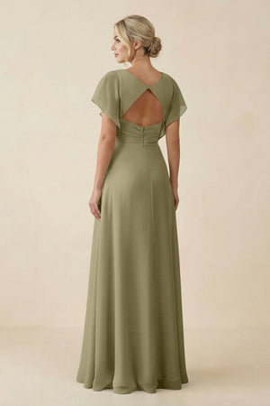 V - Neck Cap Sleeve Chiffon Bridesmaid Dress with Cut - out Back in Thyme - SHE IS ME Bridesmaid Dresses