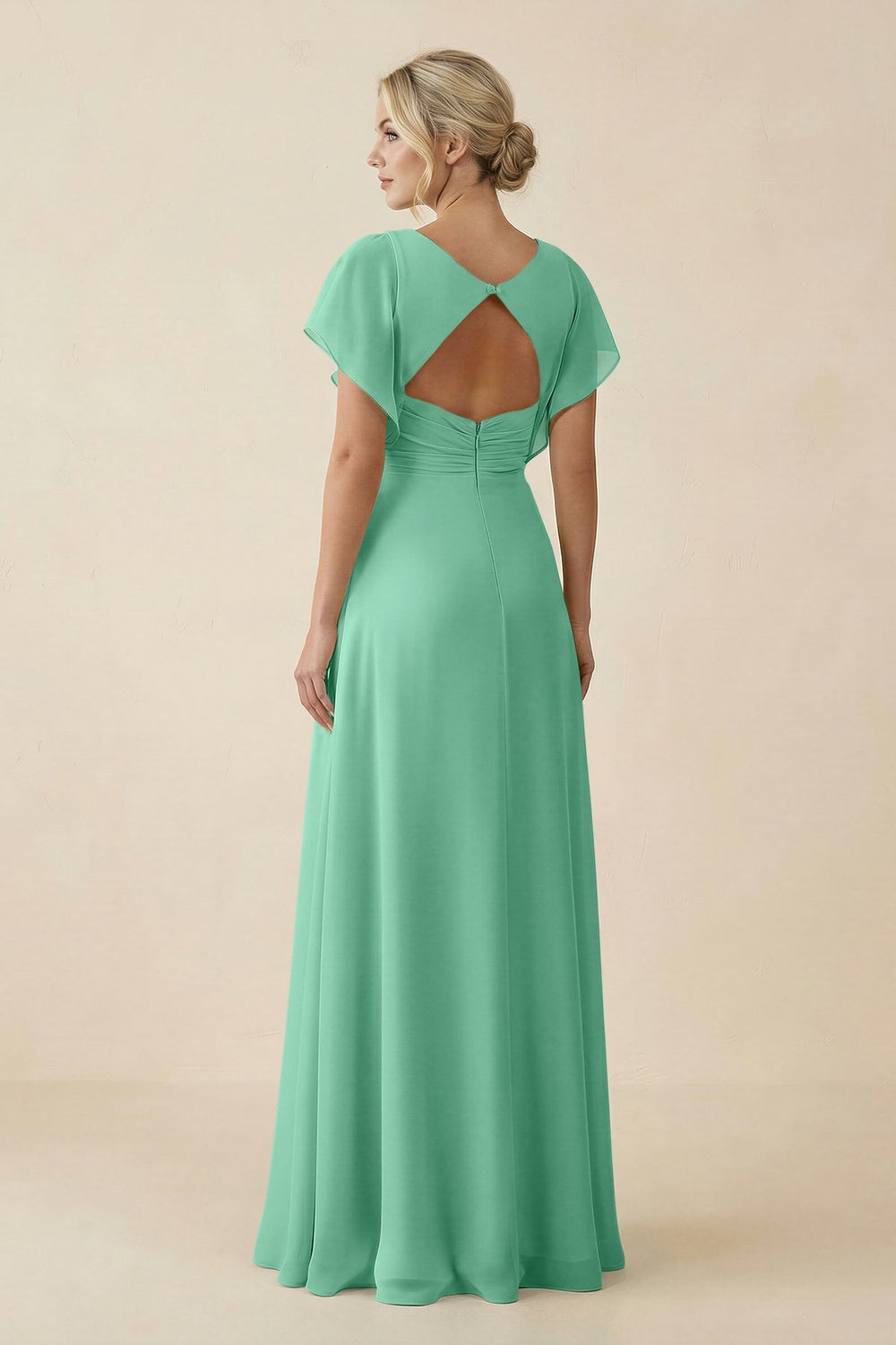 V - Neck Cap Sleeve Chiffon Bridesmaid Dress with Cut - out Back in Turquoise - SHE IS ME Bridesmaid Dresses