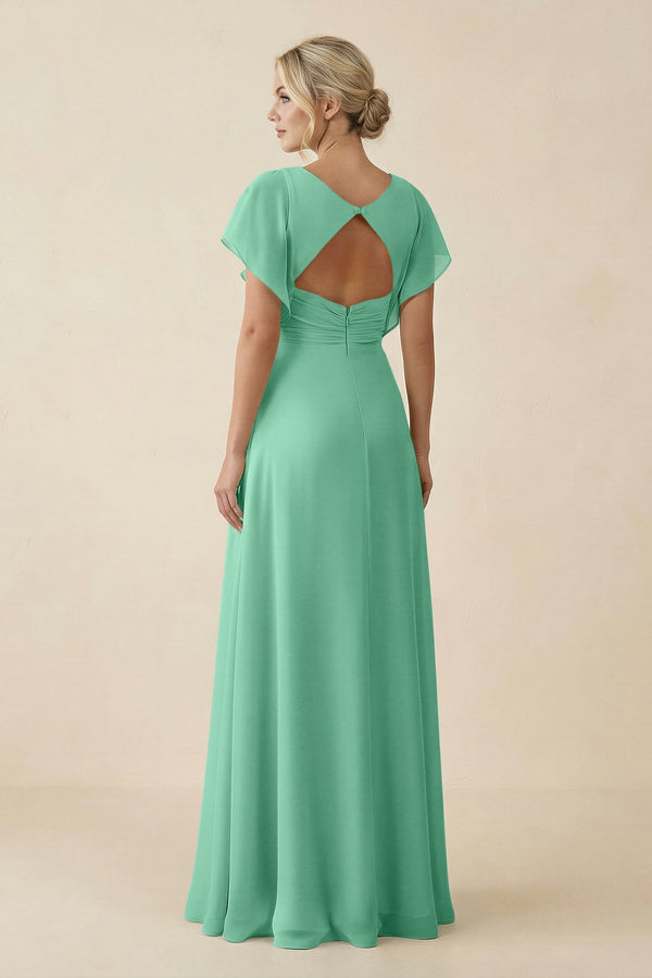 V - Neck Cap Sleeve Chiffon Bridesmaid Dress with Cut - out Back in Turquoise - SHE IS ME Bridesmaid Dresses