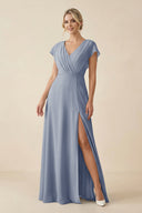 V - Neck Cap Sleeve Chiffon Bridesmaid Dress with Cut - out Back in Twilight - SHE IS ME Bridesmaid Dresses