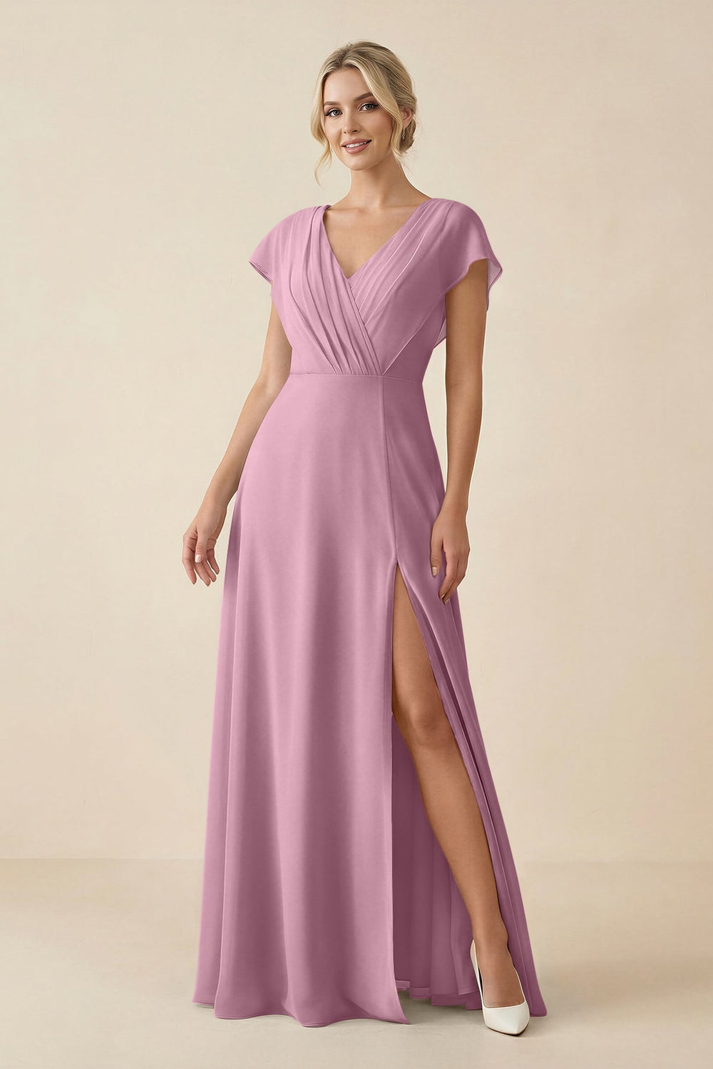 V - Neck Cap Sleeve Chiffon Bridesmaid Dress with Cut - out Back in Vintage Mauve - SHE IS ME Bridesmaid Dresses