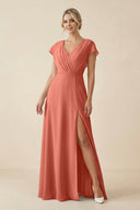 V - Neck Cap Sleeve Chiffon Bridesmaid Dress with Cut - out Back in Wild Rose - SHE IS ME Bridesmaid Dresses