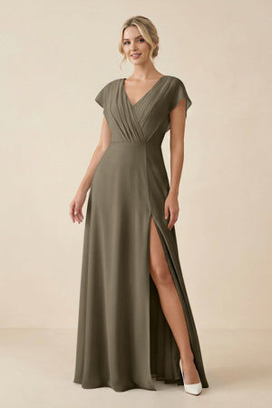 V - Neck Cap Sleeve Chiffon Bridesmaid Dress with Cut - out Back in Willow Green - SHE IS ME Bridesmaid Dresses