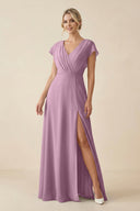 V - Neck Cap Sleeve Chiffon Bridesmaid Dress with Cut - out Back in Wisteria - SHE IS ME Bridesmaid Dresses
