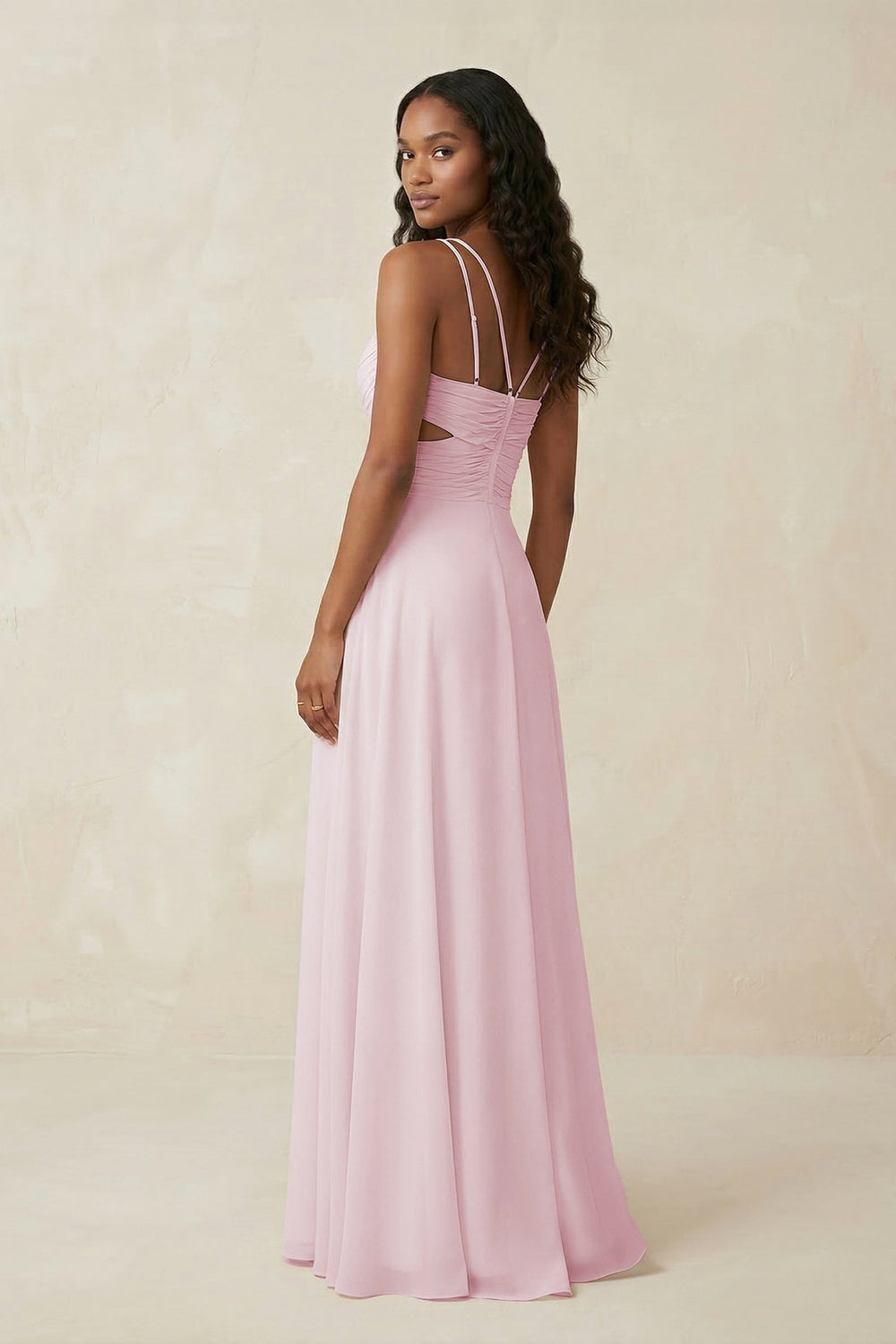 V - Neck Chiffon A - Line Cut - Out Bridesmaid Dress in Pale Blush - SHE IS ME Bridesmaid Dresses