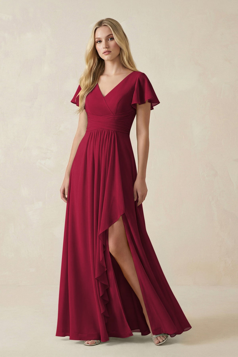 V - Neck Flutter Sleeve A - Line Chiffon Bridesmaid Dress in Berry - SHE IS ME Bridesmaid Dresses