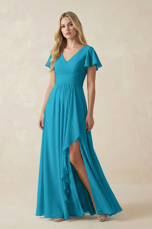 V - Neck Flutter Sleeve A - Line Chiffon Bridesmaid Dress in Blue Jay - SHE IS ME Bridesmaid Dresses