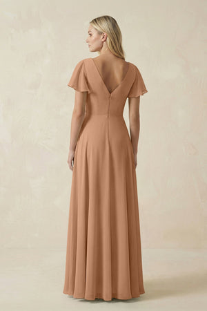 V - Neck Flutter Sleeve A - Line Chiffon Bridesmaid Dress in Bronzer - SHE IS ME Bridesmaid Dresses