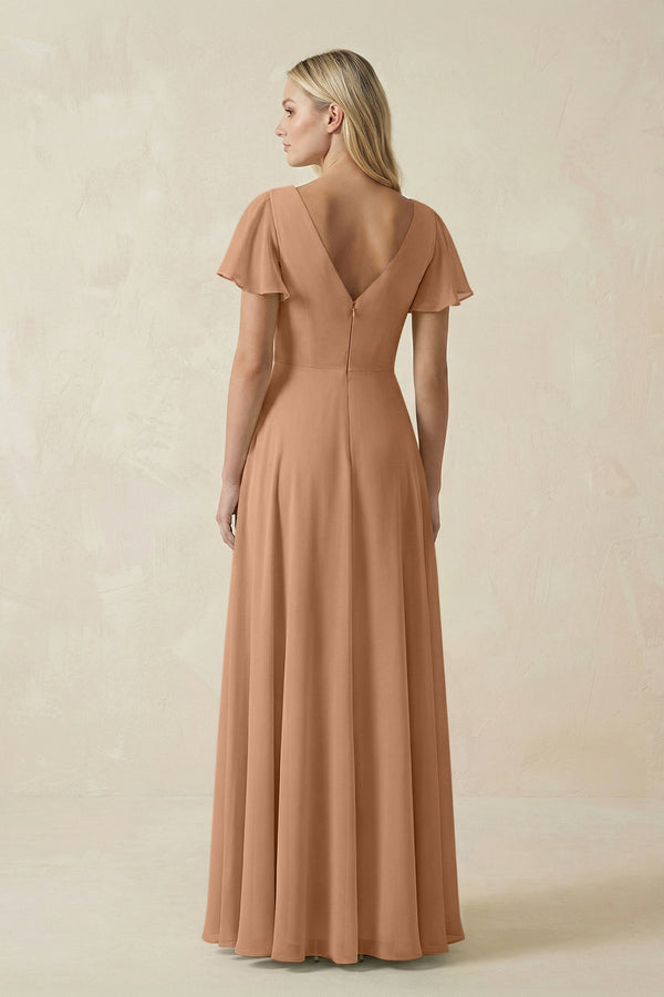 V - Neck Flutter Sleeve A - Line Chiffon Bridesmaid Dress in Bronzer - SHE IS ME Bridesmaid Dresses