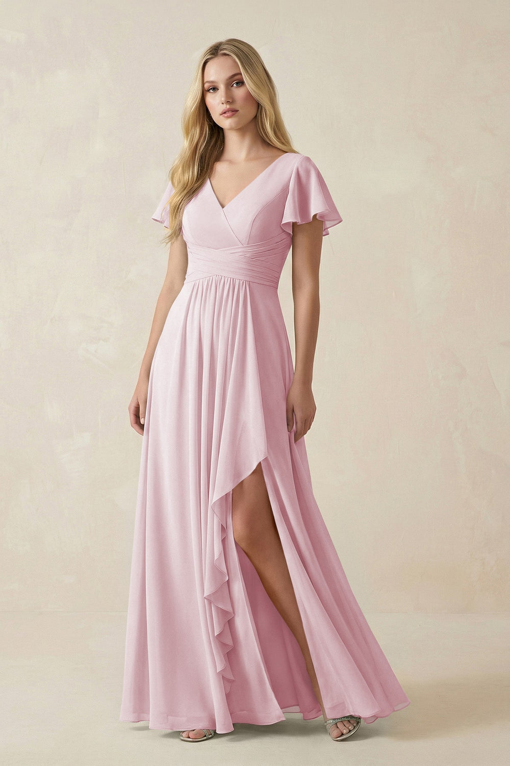 V - Neck Flutter Sleeve A - Line Chiffon Bridesmaid Dress in Candy Pink - SHE IS ME Bridesmaid Dresses