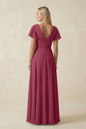V - Neck Flutter Sleeve A - Line Chiffon Bridesmaid Dress in Desert Rose - SHE IS ME Bridesmaid Dresses