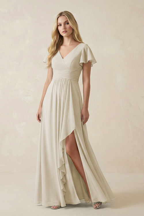 V - Neck Flutter Sleeve A - Line Chiffon Bridesmaid Dress in Dove Gray - SHE IS ME Bridesmaid Dresses