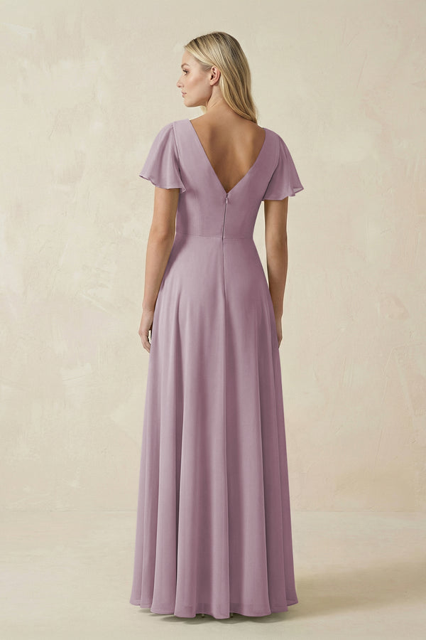 V - Neck Flutter Sleeve A - Line Chiffon Bridesmaid Dress in Dusk - SHE IS ME Bridesmaid Dresses