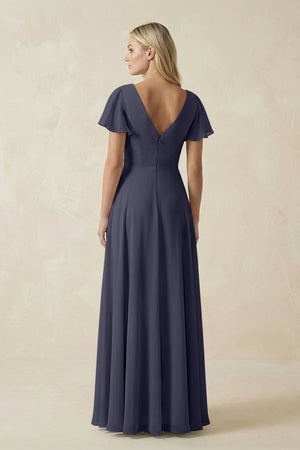 V - Neck Flutter Sleeve A - Line Chiffon Bridesmaid Dress in Dusk Blue - SHE IS ME Bridesmaid Dresses