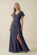 V - Neck Flutter Sleeve A - Line Chiffon Bridesmaid Dress in Dusk Blue - SHE IS ME Bridesmaid Dresses