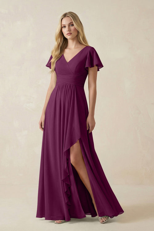 V - Neck Flutter Sleeve A - Line Chiffon Bridesmaid Dress in Fig - SHE IS ME Bridesmaid Dresses