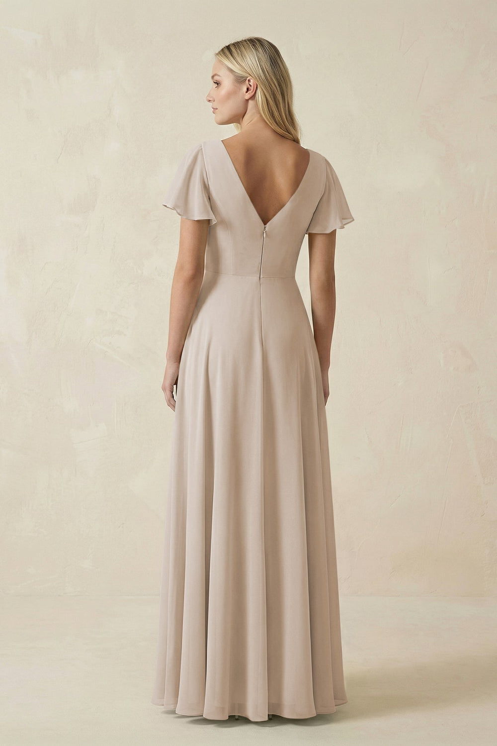 V - Neck Flutter Sleeve A - Line Chiffon Bridesmaid Dress in Frost - SHE IS ME Bridesmaid Dresses