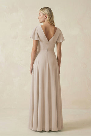 V - Neck Flutter Sleeve A - Line Chiffon Bridesmaid Dress in Frost - SHE IS ME Bridesmaid Dresses