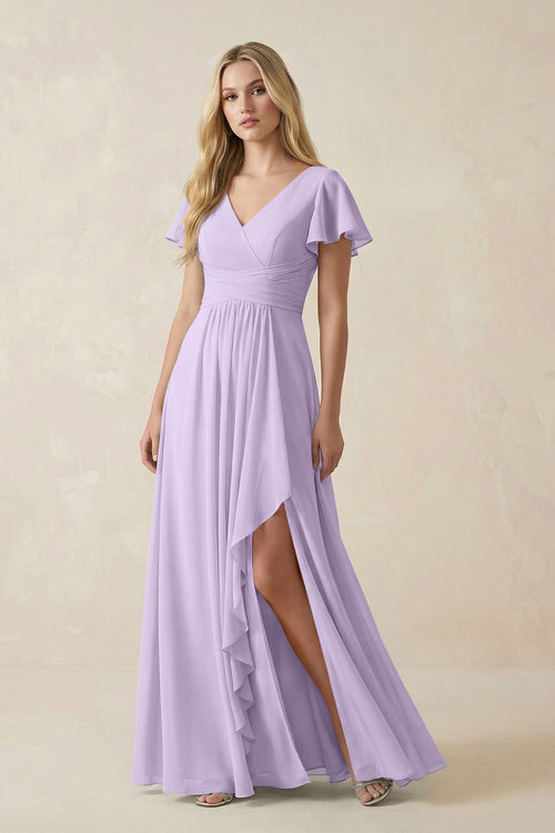 V - Neck Flutter Sleeve A - Line Chiffon Bridesmaid Dress in Lavender - SHE IS ME Bridesmaid Dresses