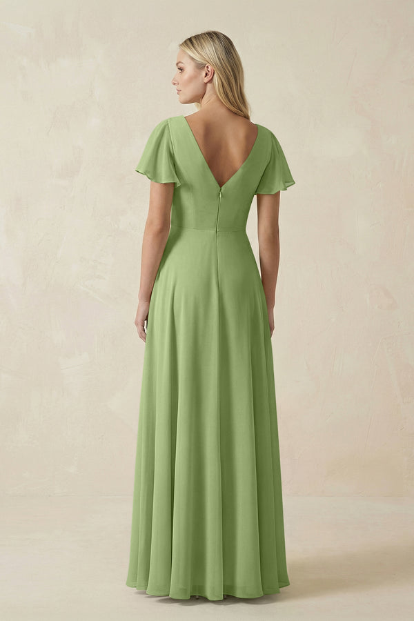 V - Neck Flutter Sleeve A - Line Chiffon Bridesmaid Dress in Matcha - SHE IS ME Bridesmaid Dresses