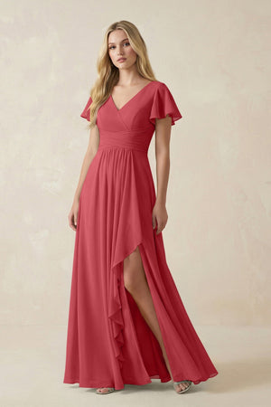 V - Neck Flutter Sleeve A - Line Chiffon Bridesmaid Dress in Merlot - SHE IS ME Bridesmaid Dresses