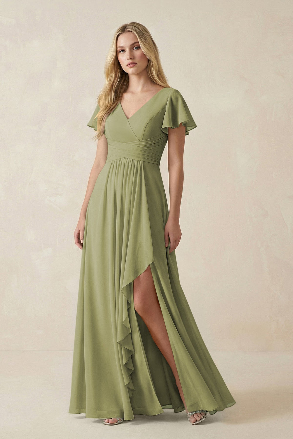 V - Neck Flutter Sleeve A - Line Chiffon Bridesmaid Dress in Moss Green - SHE IS ME Bridesmaid Dresses